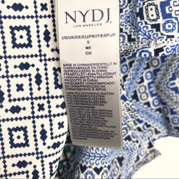 NYDJ Womens Beaded V-Neck Tassel Blouse 3/4 Sleeve Geometric Pattern Blue Small - Picture 4 of 13